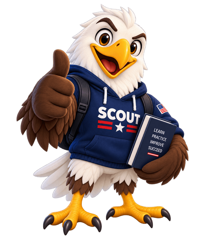 Scout, the eagle mascot, giving a thumbs-up and holding a study book